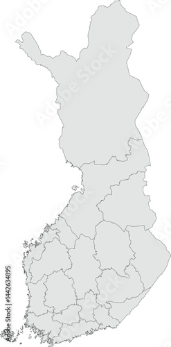 Vector map of Finland showing all regions with clearly defined borders and country outline. Grey color scheme with dark contours. Ideal for educational, infographic, and professional use.

