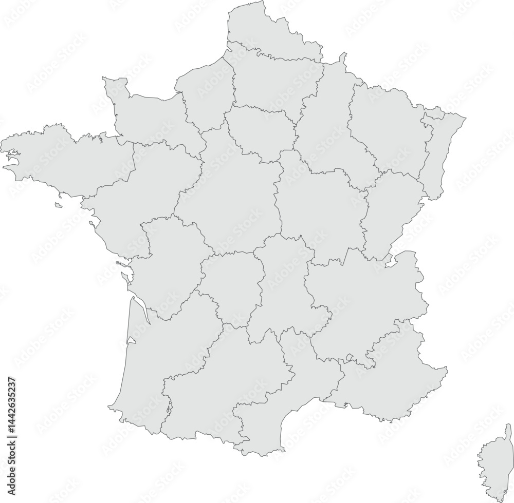 Obraz premium Vector map of France showing all regions with clearly defined borders and country outline. Grey color scheme with dark contours. Perfect for educational, infographic, and professional use.