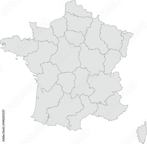 Vector map of France showing all regions with clearly defined borders and country outline. Grey color scheme with dark contours. Perfect for educational, infographic, and professional use.

