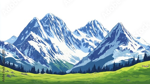 Snowy mountain peaks with clear blue sky and green valley on white background.
