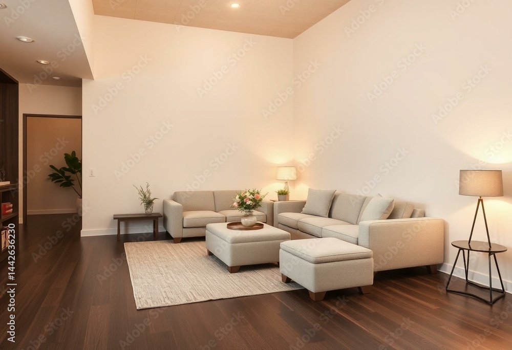 Fototapeta premium Cozy living room with soft lighting and natural elements