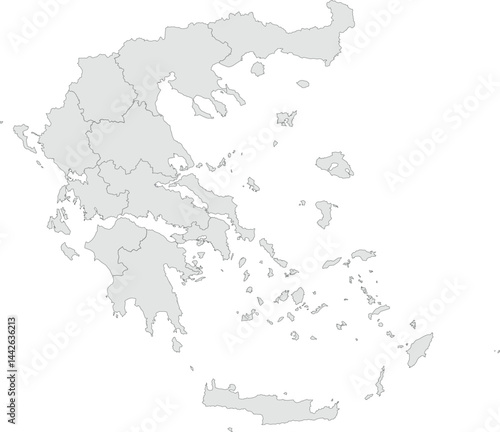 Vector map of Greece showing all regions with clearly defined borders and country outline. Grey color scheme with dark contours. Ideal for educational, infographic, and professional use.

