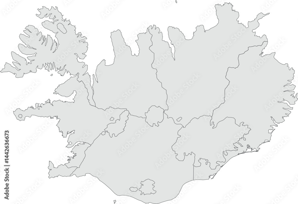 Vector map of Iceland showing all regions with clearly defined borders and country outline. Grey color scheme with dark contours. Ideal for educational, infographic, and professional use.
Vector map of Iceland showing all regions with clearly defined borders and country outline. Grey color scheme with dark contours. Ideal for educational, infographic, and professional use.