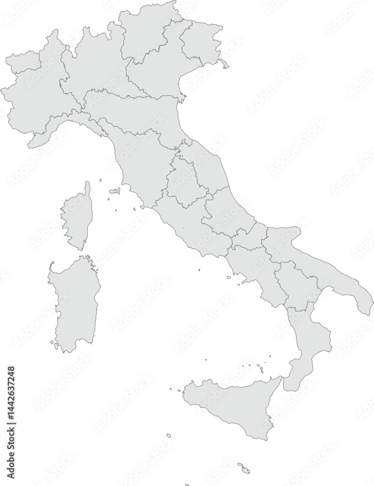 Obraz premium Vector map of Italy showing all regions with clearly defined borders and country outline. Grey color scheme with dark contours. Perfect for educational, infographic, and professional use.