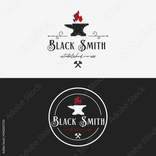 Blacksmith logo design elements and vintage retro work tools.