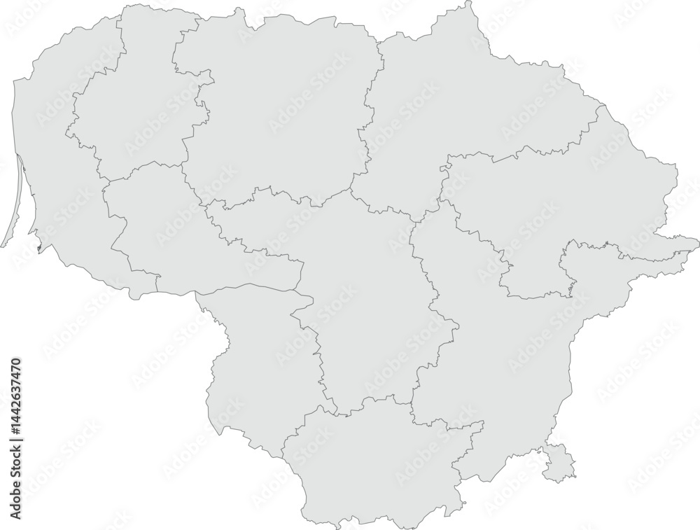 Vector map of Lithuania showing all regions with clearly defined borders and country outline. Grey color scheme with dark contours. Suitable for educational, infographic, and professional use.
Vector map of Lithuania showing all regions with clearly defined borders and country outline. Grey color scheme with dark contours. Suitable for educational, infographic, and professional use.
