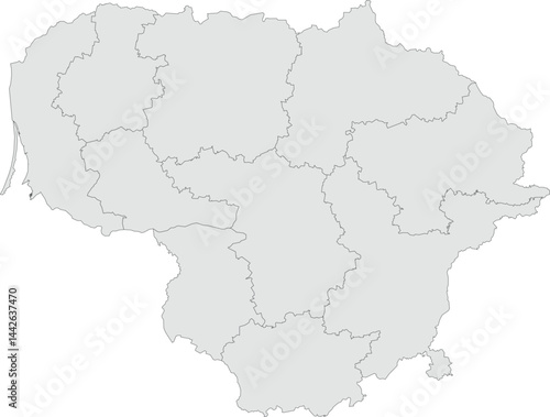 Vector map of Lithuania showing all regions with clearly defined borders and country outline. Grey color scheme with dark contours. Suitable for educational, infographic, and professional use.

