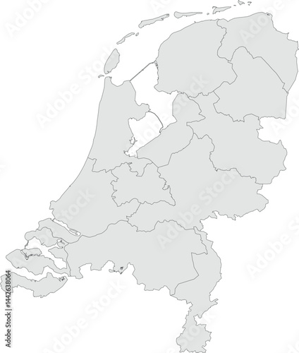 Vector map of the Netherlands showing all regions with clearly defined borders and country outline. Grey color scheme with dark contours. Ideal for educational, infographic, and professional use.

