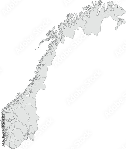 Vector map of Norway showing all regions with clearly defined borders and country outline. Grey color scheme with dark contours. Perfect for educational, infographic, and professional use.

