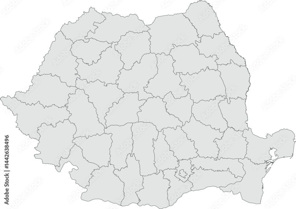 Obraz premium Vector map of Romania showing all regions with clearly defined borders and country outline. Grey color scheme with dark contours. Suitable for educational, infographic, and professional use.