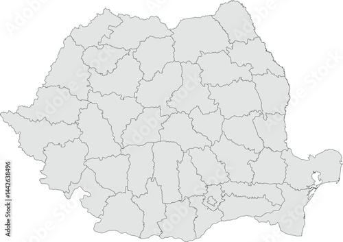 Vector map of Romania showing all regions with clearly defined borders and country outline. Grey color scheme with dark contours. Suitable for educational, infographic, and professional use.

