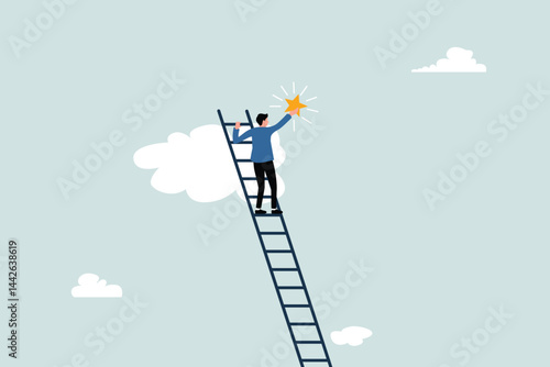 Business champions succeed to get reward, winning star employee, career path or dream job concept, success businessman climb up ladder up into the cloud to reaching and grab precious star.