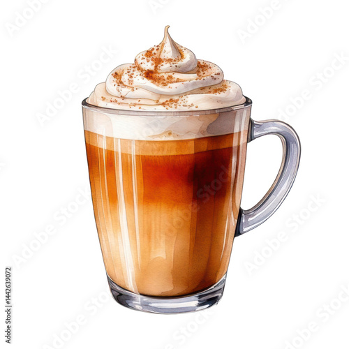 Watercolor A glass of hot espresso macchiato coffee latte with cream clip art illustration
