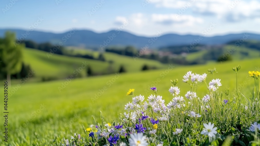 Obraz premium Blooming wildflowers on a grassy hillside, with a backdrop of rolling hills and distant mountains. A peaceful, spring-like scene