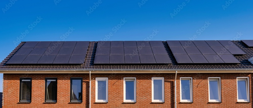Fototapeta premium Modern homes featuring solar panels against a bright blue sky in a vibrant neighborhood