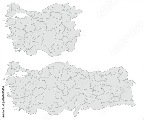 Vector map of Turkey showing all regions with clearly defined borders and country outline. Grey color scheme with dark contours. Suitable for educational, infographic, and professional use.

