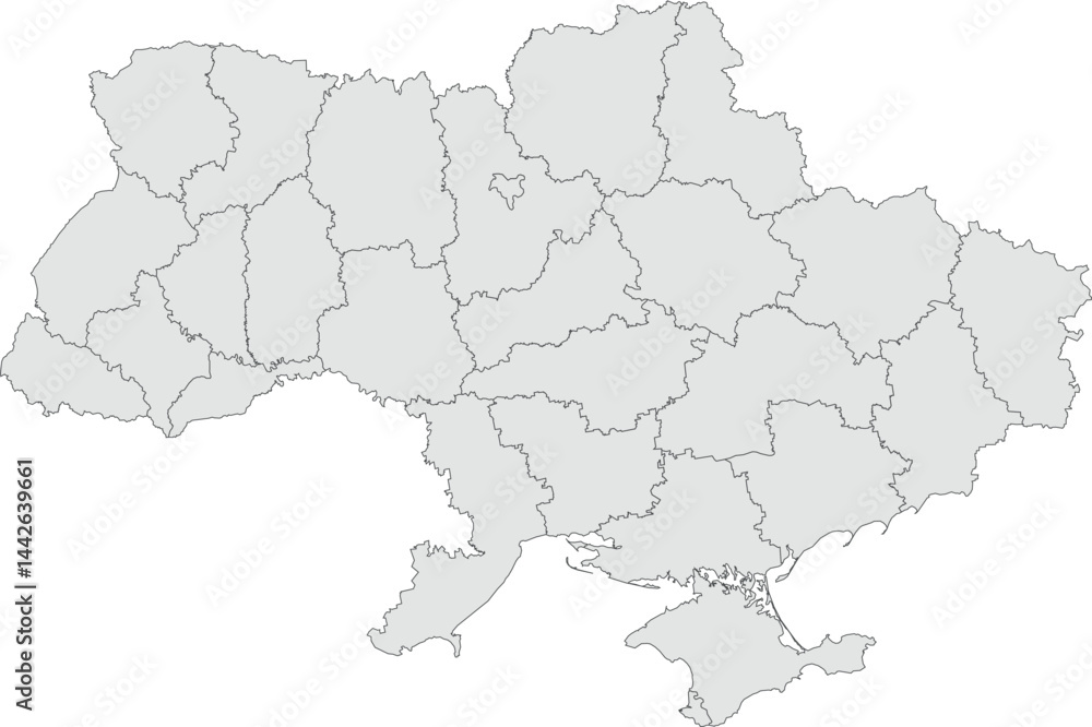 Obraz premium Vector map of Ukraine showing all regions with clearly defined borders and country outline. Grey color scheme with dark contours. Suitable for educational, infographic, and professional use.