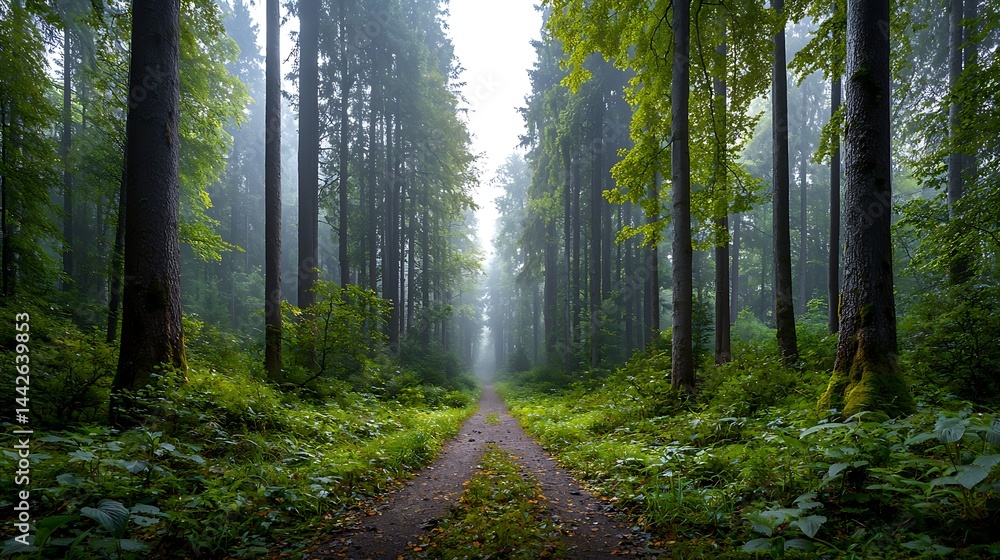 Fototapeta premium Misty forest path. Lush greenery, tall trees line a pathway