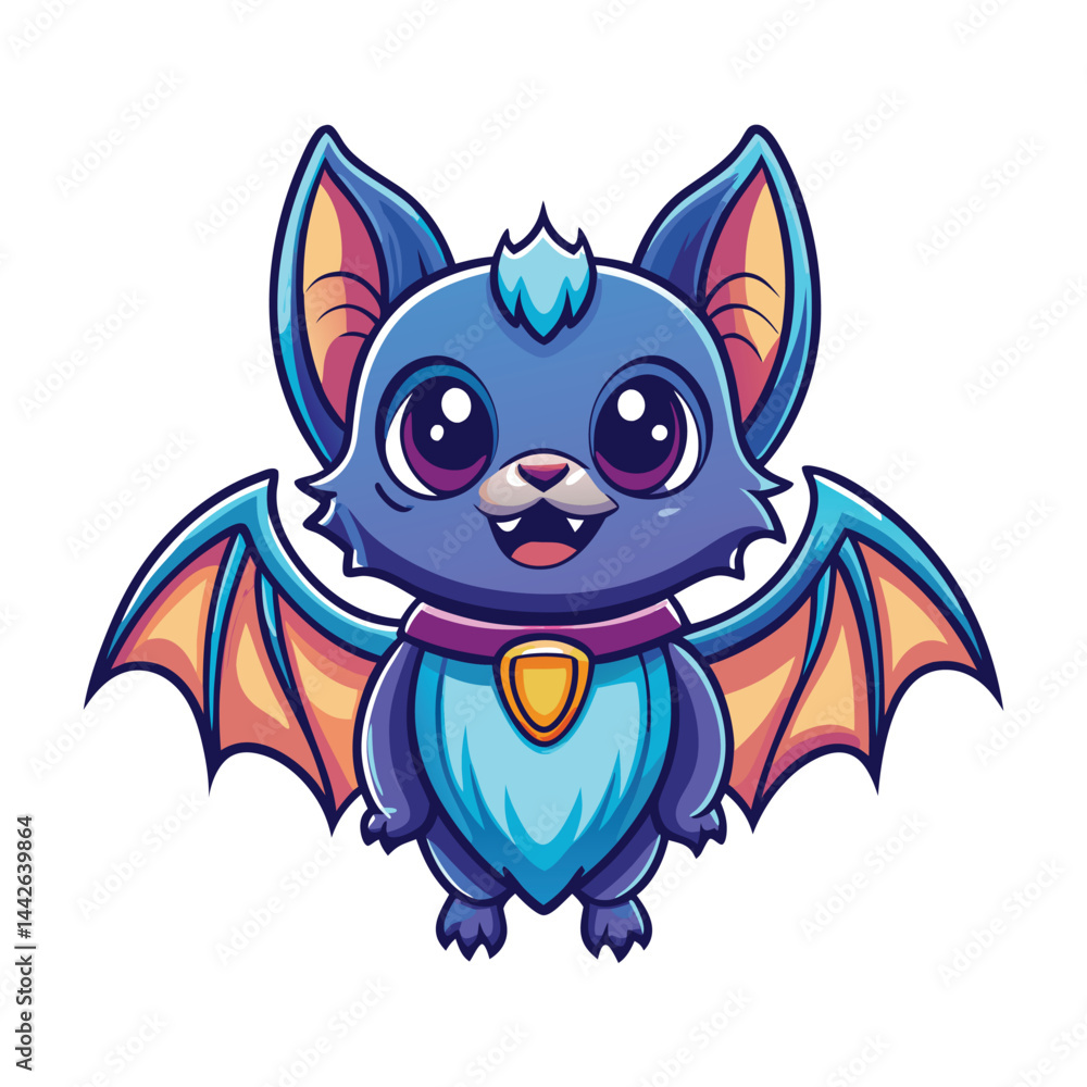 Fototapeta premium Cute cartoon bat with large wings and a collar