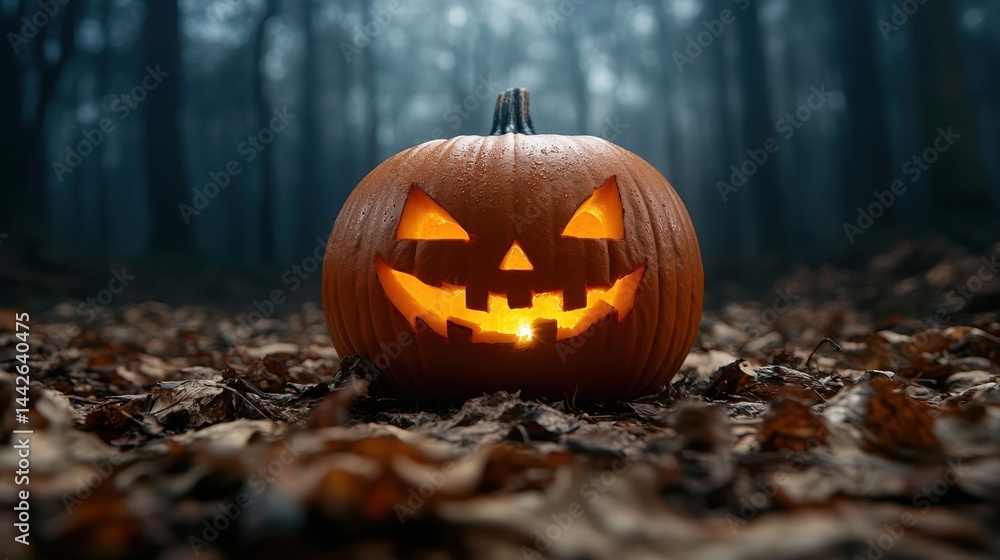 A beautifully carved jack-o'-lantern with a pleasant smile illuminated subtly, surrounded by fallen leaves in a tranquil forest, embodying the warmth of the Halloween spirit. A beautifully carved jack-o'-lantern with a pleasant smile illuminated subtly, surrounded by fallen leaves in a tranquil forest, embodying the warmth of the Halloween spirit.