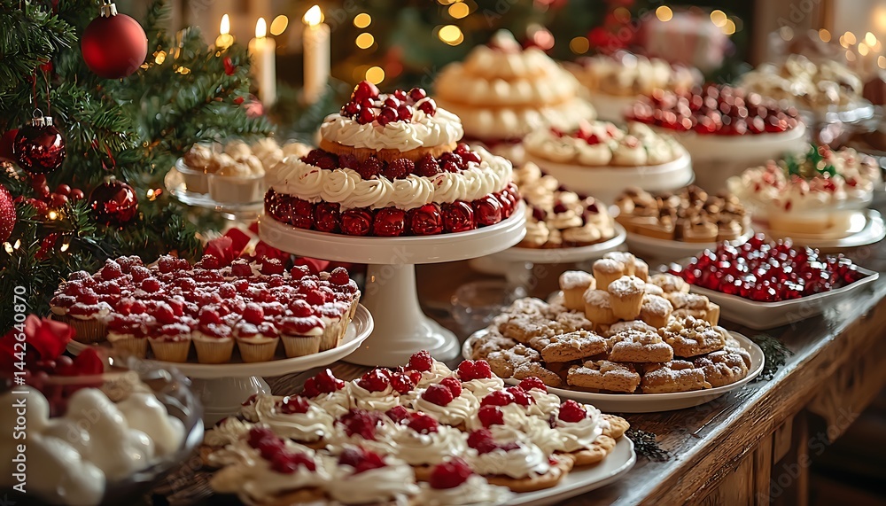 Festive dessert table, abundance of cakes and pastries Festive dessert table, abundance of cakes and pastries