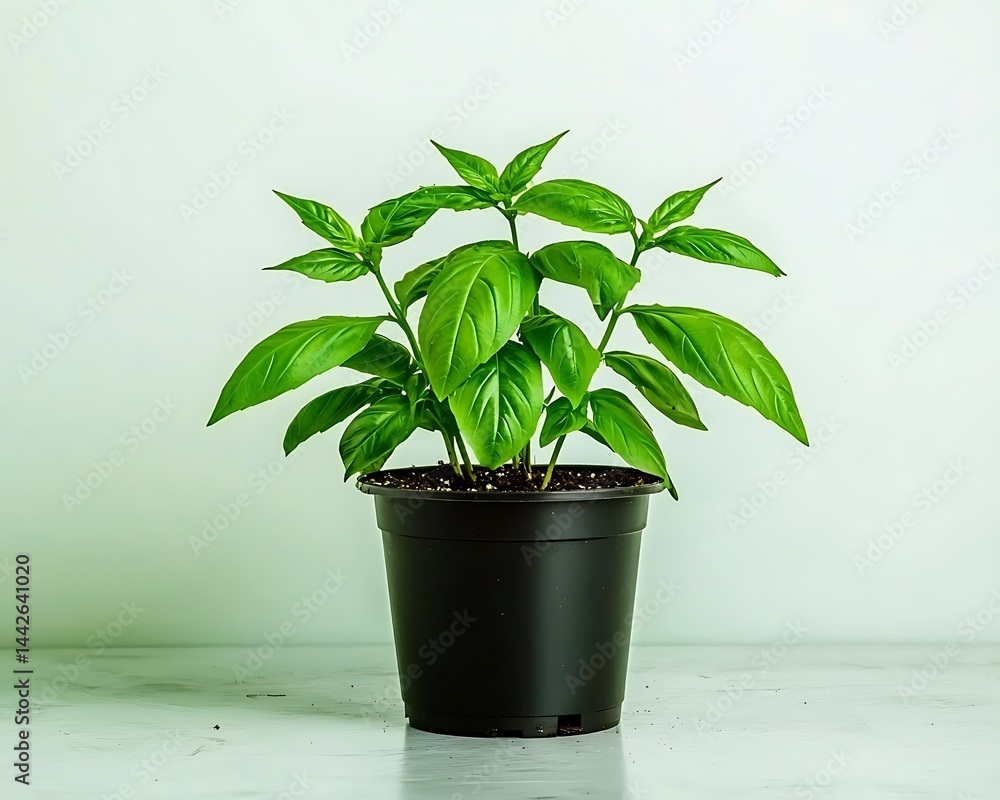 Obraz premium Basil plant vibrant green leaves in a black pot against a simple backdrop