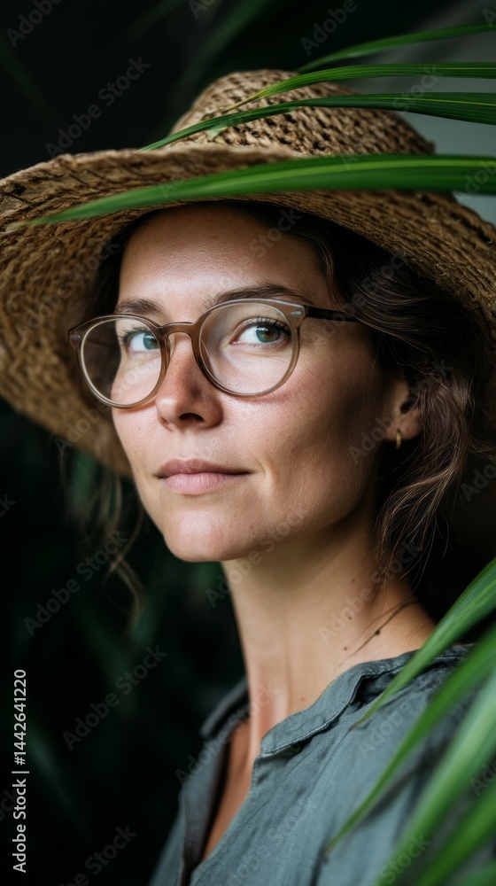 A woman wearing a wide straw hat and stylish glasses gazes thoughtfully, framed by vibrant green leaves under soft sunlight. Her serene expression radiates peace and connection with nature