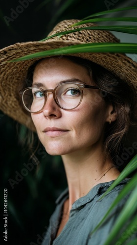 Obraz na płótnie A woman wearing a wide straw hat and stylish glasses gazes thoughtfully, framed by vibrant green leaves under soft sunlight. Her serene expression radiates peace and connection with nature w salonie