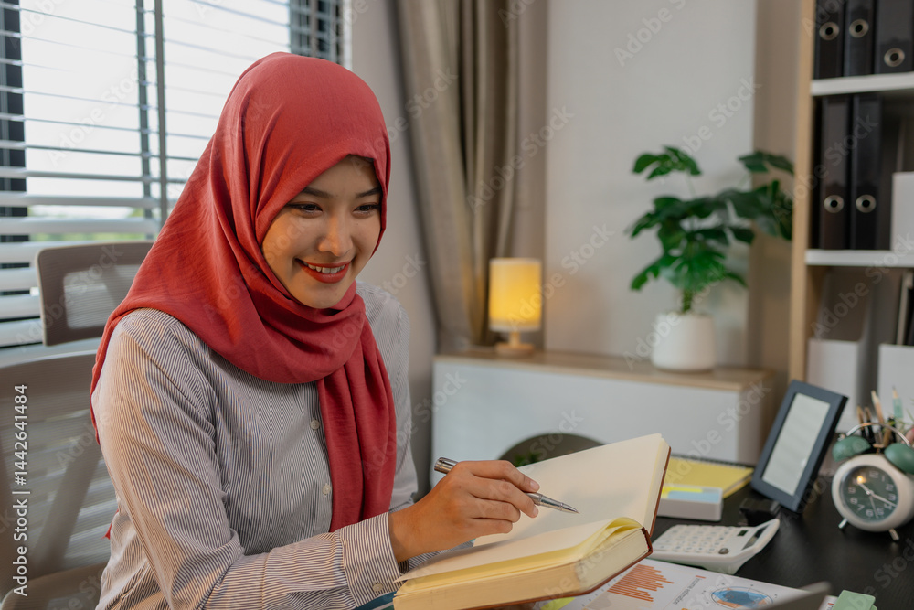 a muslim company employee works in a large financial organization, a muslim female entrepreneur is reviewing her company's financial documents, marketing, accountant, hijab, islam a muslim company employee works in a large financial organization, a muslim female entrepreneur is reviewing her company's financial documents, marketing, accountant, hijab, islam