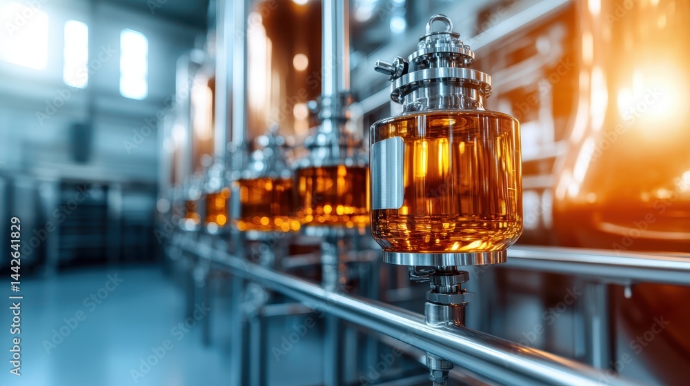 A modern distillery showcasing advanced bottling equipment, featuring amber liquid in transparent containers lined with polished metal pipes, emphasizing industrial efficiency and craftsmanship. A modern distillery showcasing advanced bottling equipment, featuring amber liquid in transparent containers lined with polished metal pipes, emphasizing industrial efficiency and craftsmanship.