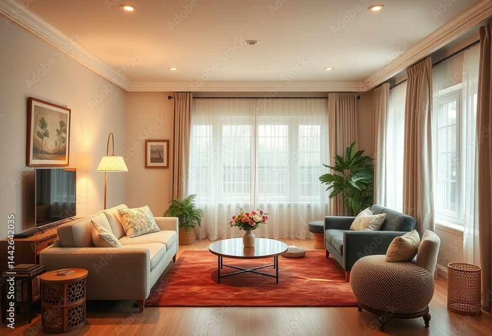 Fototapeta premium Cozy living room interior with soft lighting
