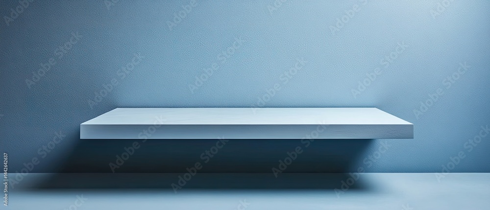 Empty white shelf against a muted blue wall. Empty white shelf against a muted blue wall.