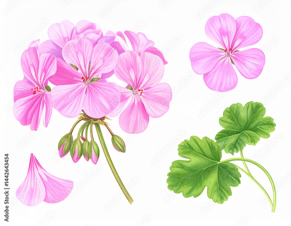 Ilustracja vintage, różowe kwiaty Pelargonii na białym tle, tapeta, dekoracja. Generative AI