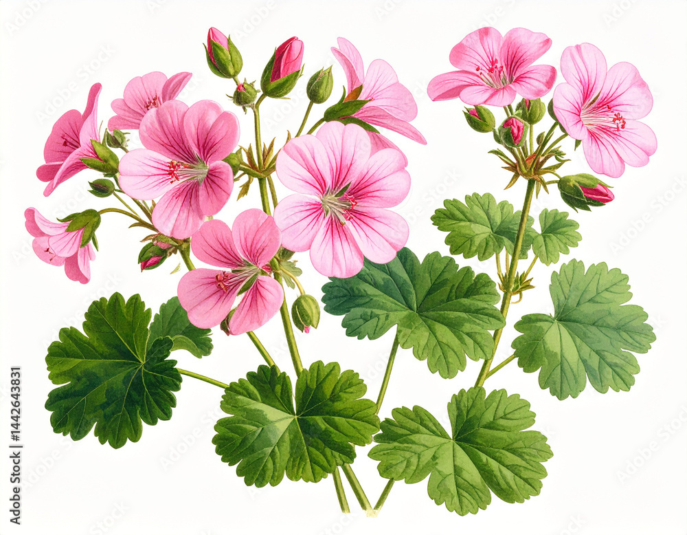 Ilustracja vintage, różowe kwiaty Pelargonii na białym tle, tapeta, dekoracja. Generative AI