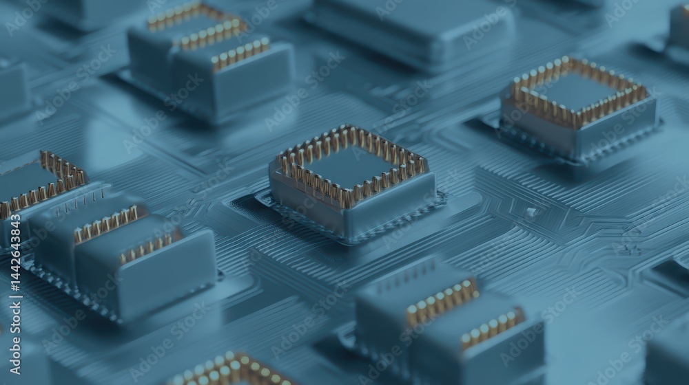 Macro View of Capacitor, Chip Pins, and Resistor on Blue Circuit Board with Metallic Details - High-Tech Component Concept. Macro View of Capacitor, Chip Pins, and Resistor on Blue Circuit Board with Metallic Details - High-Tech Component Concept.