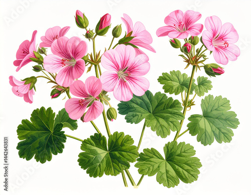 Ilustracja vintage, różowe kwiaty Pelargonii na białym tle, tapeta, dekoracja. Generative AI