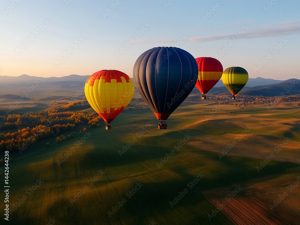 Obraz premium A row of colorful hot air balloons floating gracefully over an open countryside at dawn, with soft, warm sunlight illuminating the landscape