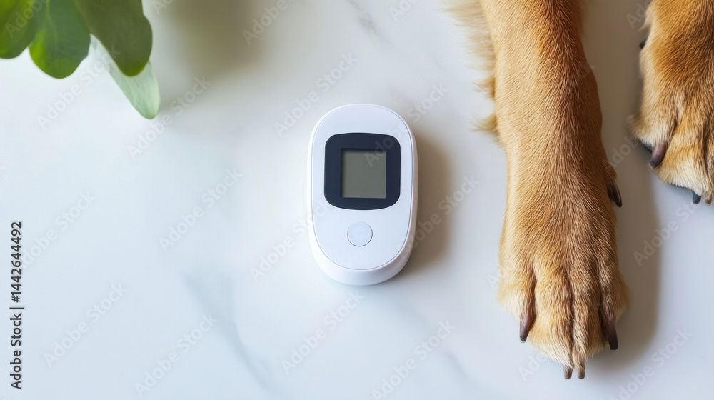 Dog's paw placed next to a sleek digital glucometer on a clean white medical table for diabetes awareness