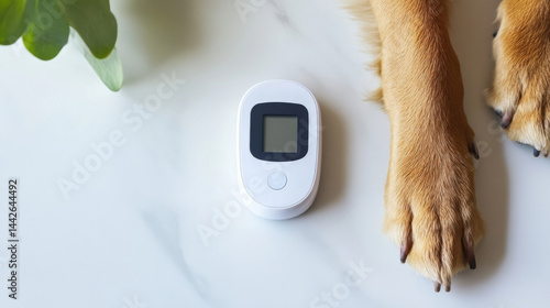 Obraz na płótnie Dog's paw placed next to a sleek digital glucometer on a clean white medical table for diabetes awareness w salonie