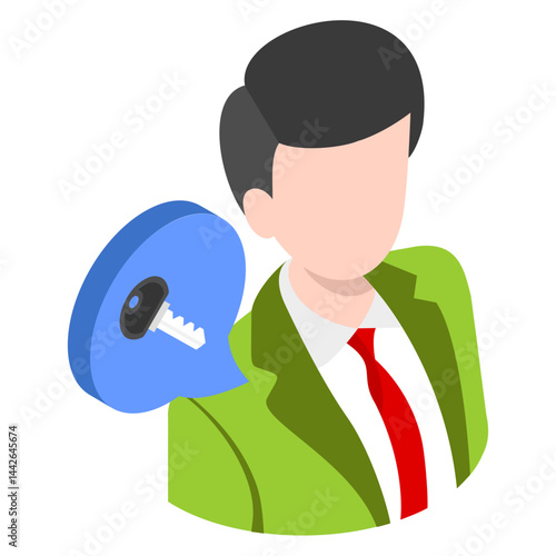 Solutions architect isometric Concept, HRM Symbol, Executive with Key Vector color Icon Design, Business Problem Solver Character Stock illustration, Technical hr Head sign