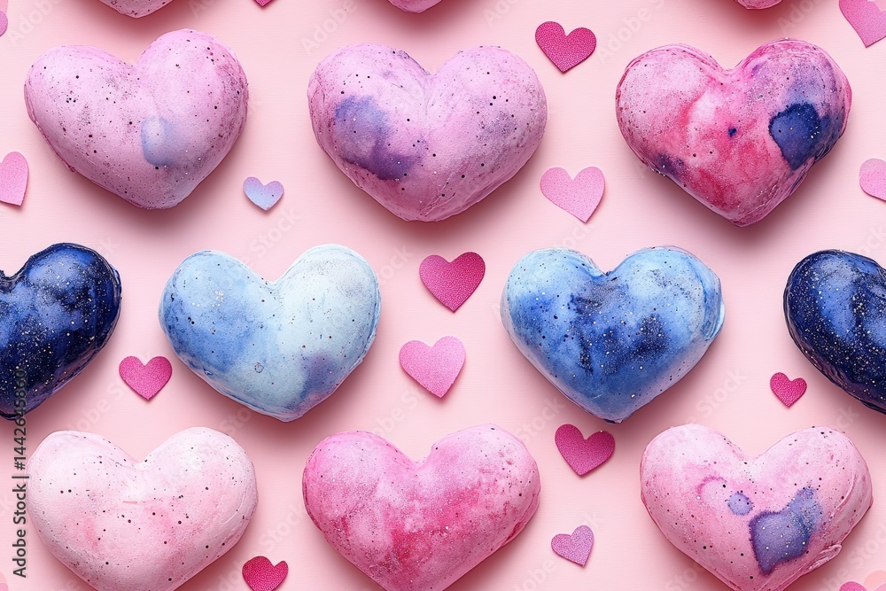 Fototapeta premium Colorful Heart-Shaped Bath Bombs on a Soft Pink Background with Decorative Paper Hearts for a Spa or Relaxation Theme