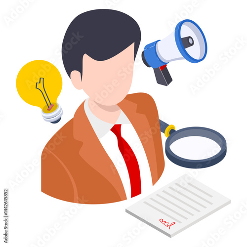 company spokesperson isometric Concept, wunderkind or polymath pictogram stock illustration, multi talented person vector icon design, hrm symbol, 
