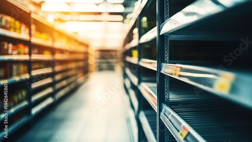 Empty supermarket shelves with Empty metal rack, minimalist composition showing scarcity and lack of products. Concept of supply chain issues, retail challenges and economic crisis.