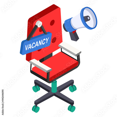 Job Offer or Hiring Staff isometric Concept, New Vacancy announcement stock illustration, Hrm symbol, executive chair with Megaphone Vector color Icon design, hr sign, 