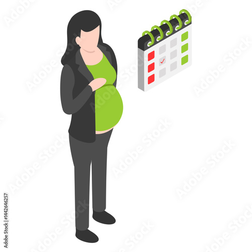 Maternity pay and leave isometric Concept, Standing Pregnant Lady with Calendar Sign, Business Character Stock illustration, Parental or family leave vector color icon design, Employee benefits sign