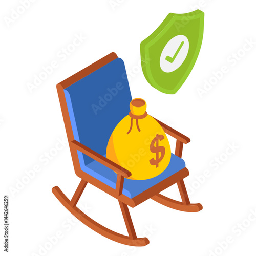 Retirement Program isometric Concept,Rocking chair with money bag and protection shield vector color icon design, hrm symbol, hr sign, Pension stock illustration