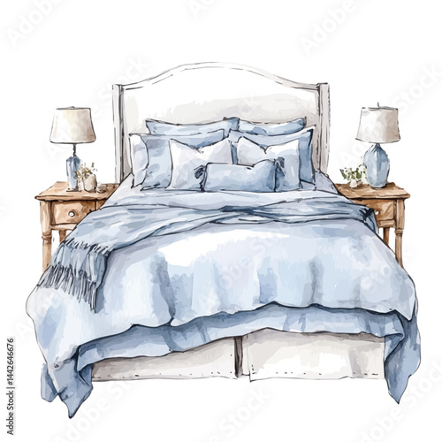 chic bedroom decor, watercolor drawing, isolated on a white background. chic bedroom decor vector.