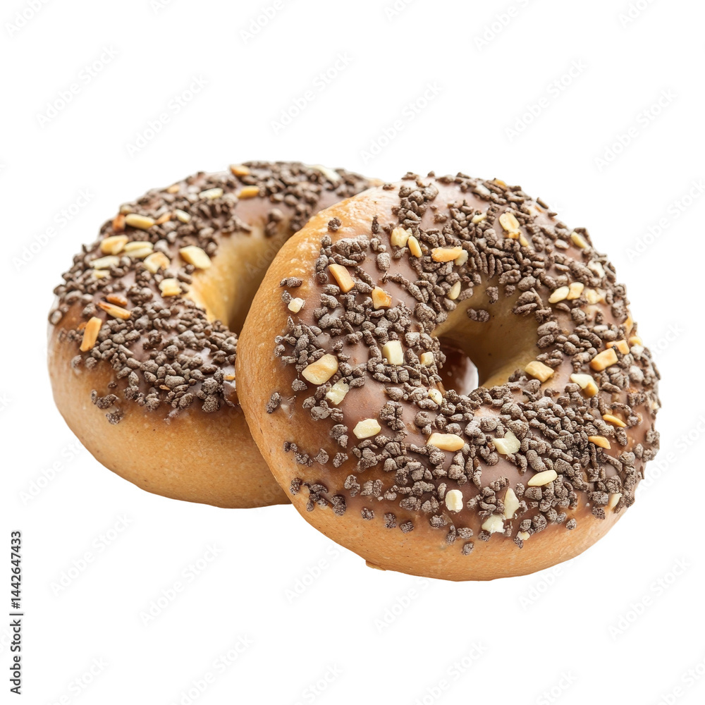 Two chocolate-sprinkled bagels displayed close-up, showcasing a sweet treat. Two chocolate-sprinkled bagels displayed close-up, showcasing a sweet treat.