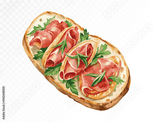 Prosciutto Baguette Bruschetta. Delicious Italian appetizer. Top view Sandwiches. Vector.