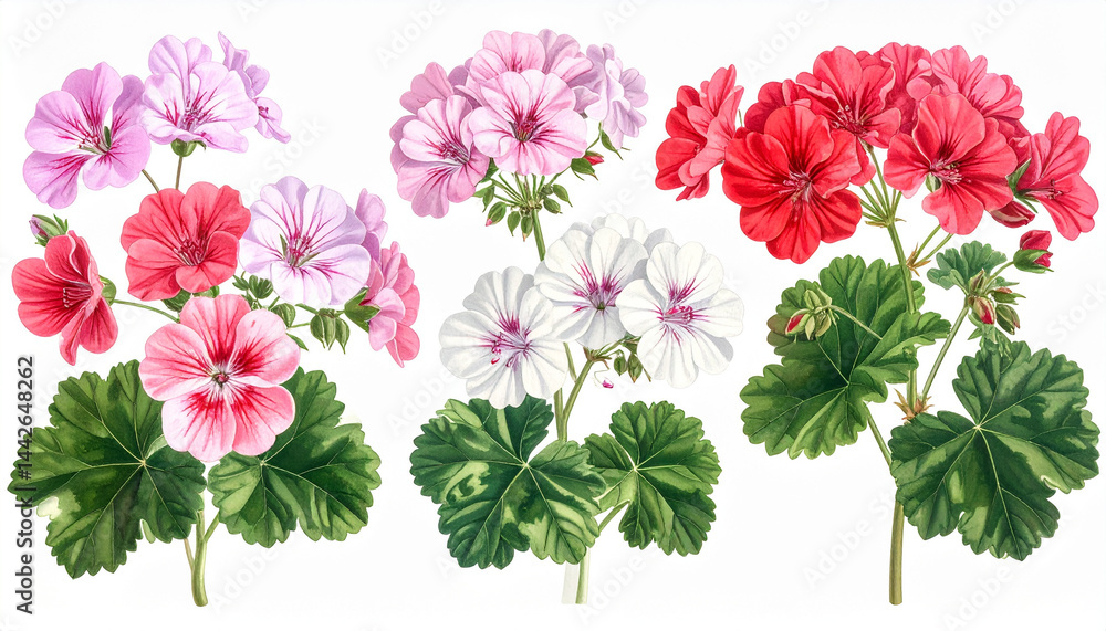 Ilustracja vintage, kolorowe kwiaty Pelargonii na białym tle, tapeta, dekoracja. Generative AI